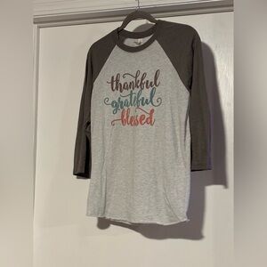 Next Level Apparel Gray and Brown Raglan Top thankfully grateful blessed